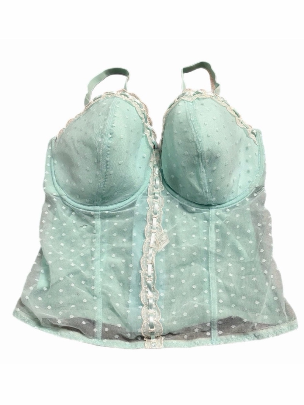 Y2K European Vintage Polka Dot Mesh Lace Bustier Corset (Sea Foam/White) 38E/XL